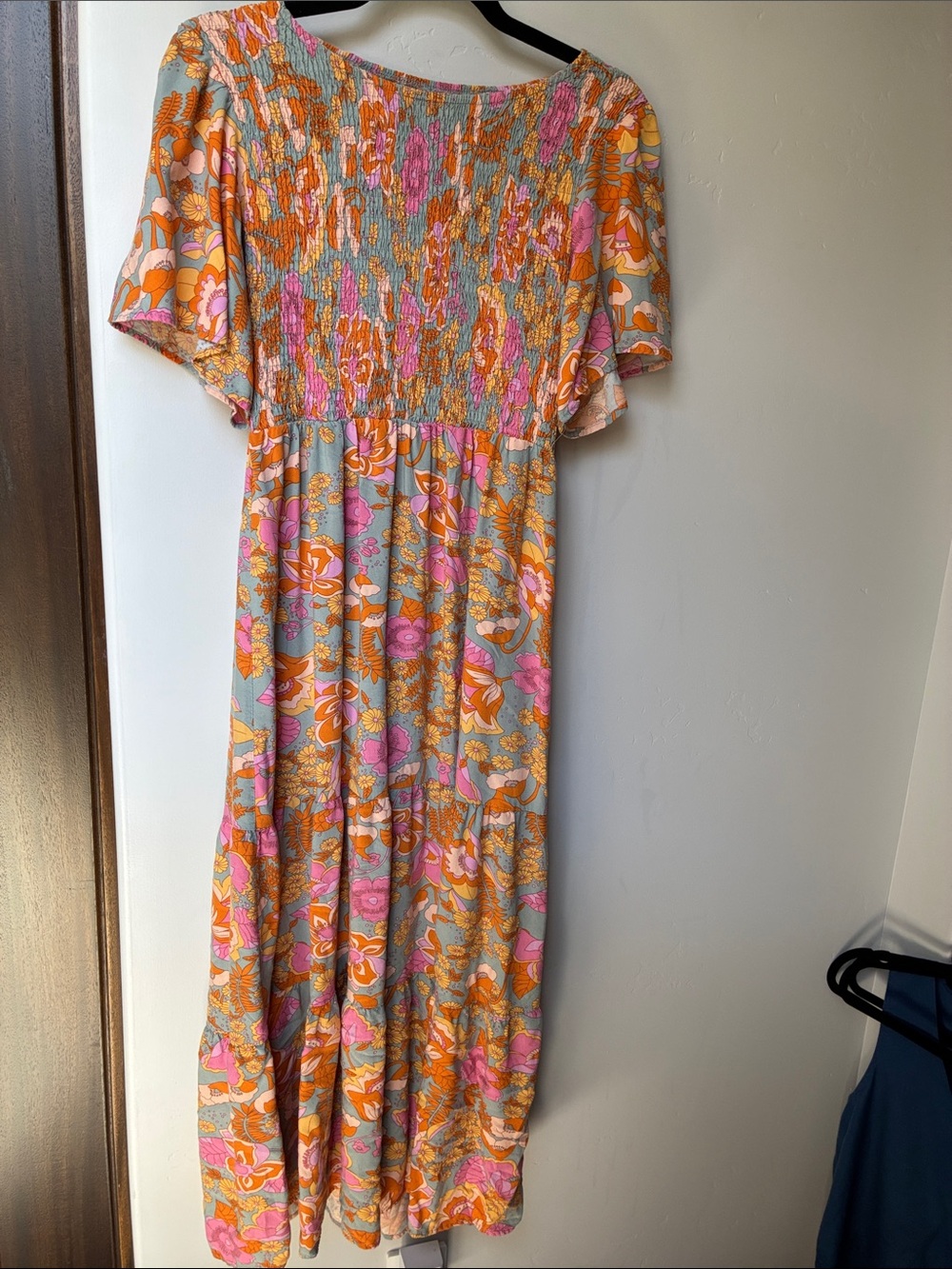 Smocked Midi Dress in Pink & Orange Floral